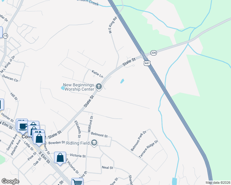 map of restaurants, bars, coffee shops, grocery stores, and more near 215 Baxter Road in Commerce