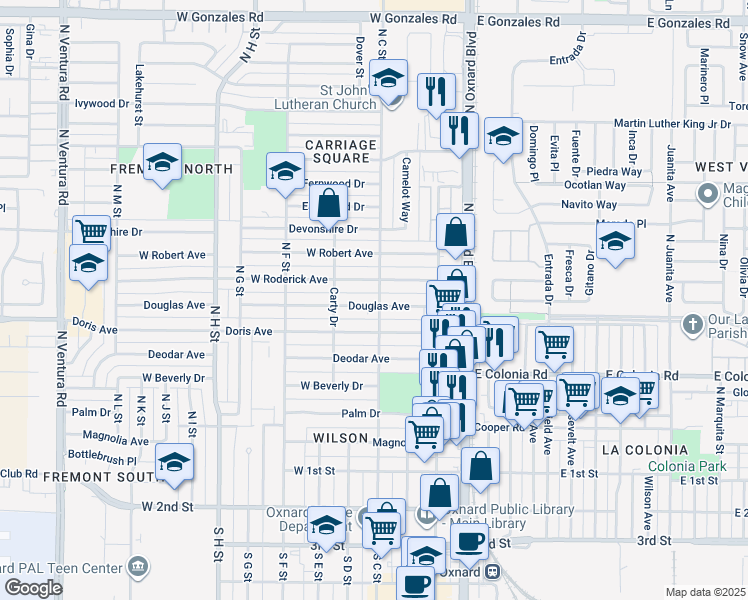 map of restaurants, bars, coffee shops, grocery stores, and more near 405 Douglas Avenue in Oxnard