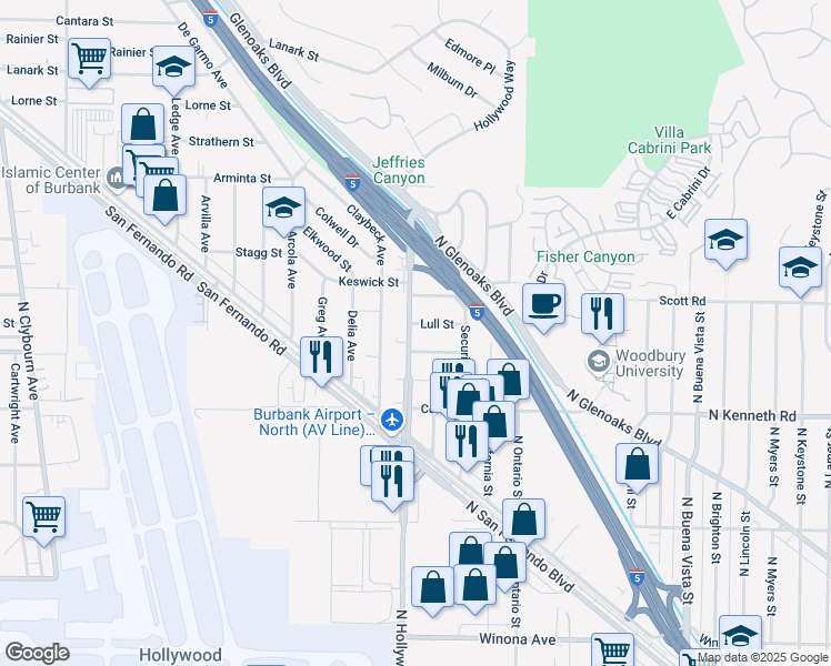 map of restaurants, bars, coffee shops, grocery stores, and more near 7622 North Hollywood Way in Burbank