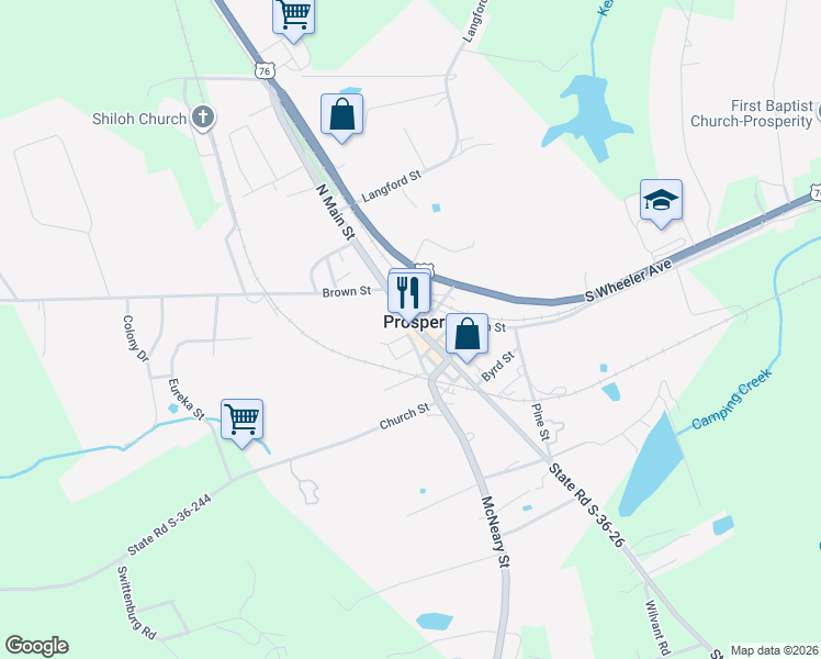 map of restaurants, bars, coffee shops, grocery stores, and more near 117 North Main Street in Prosperity