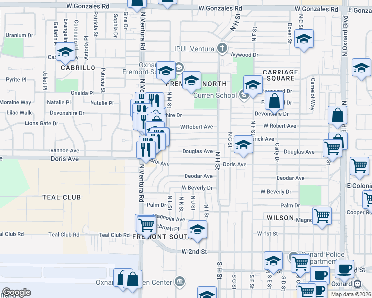 map of restaurants, bars, coffee shops, grocery stores, and more near 1127 Douglas Avenue in Oxnard