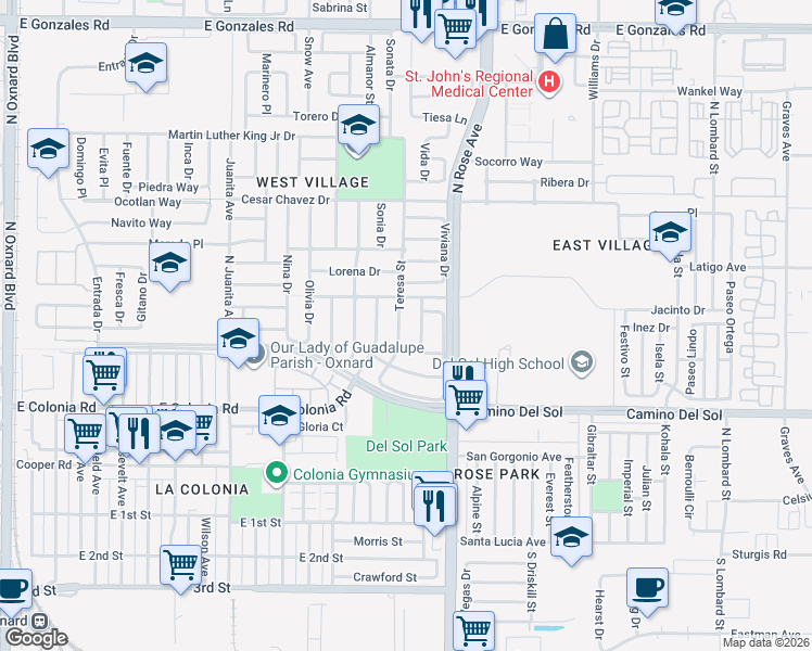 map of restaurants, bars, coffee shops, grocery stores, and more near 652 Teresa Street in Oxnard