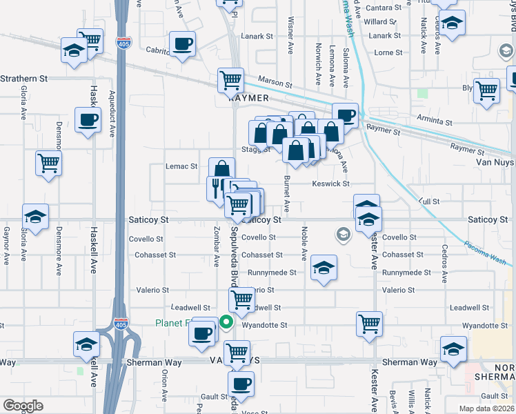 map of restaurants, bars, coffee shops, grocery stores, and more near 15215 West Fred Way in Los Angeles