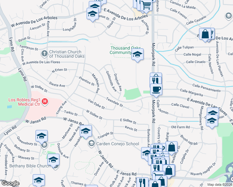 map of restaurants, bars, coffee shops, grocery stores, and more near 2219 Goldsmith Avenue in Thousand Oaks