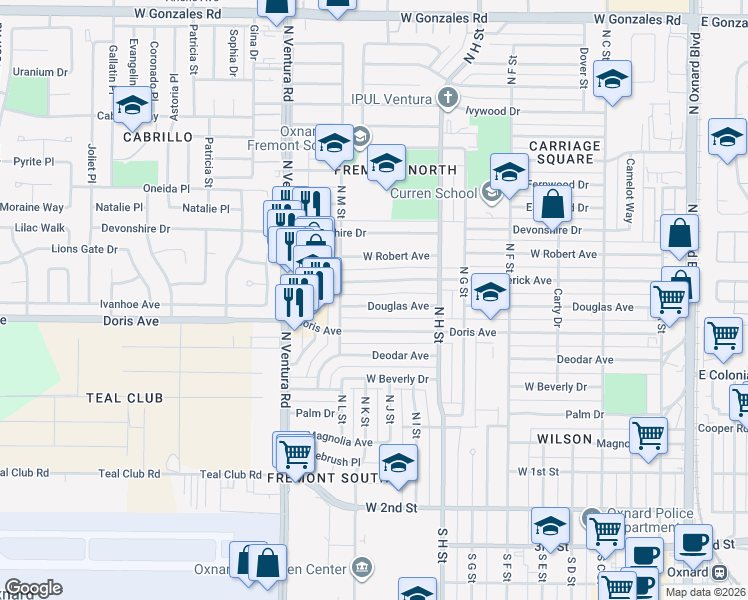 map of restaurants, bars, coffee shops, grocery stores, and more near 1127 Douglas Avenue in Oxnard