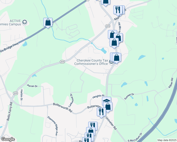 map of restaurants, bars, coffee shops, grocery stores, and more near 343 Ridge Pine Drive in Canton