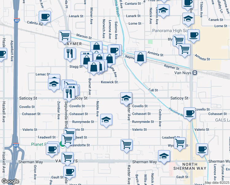 map of restaurants, bars, coffee shops, grocery stores, and more near 14956 Lull Street in Los Angeles
