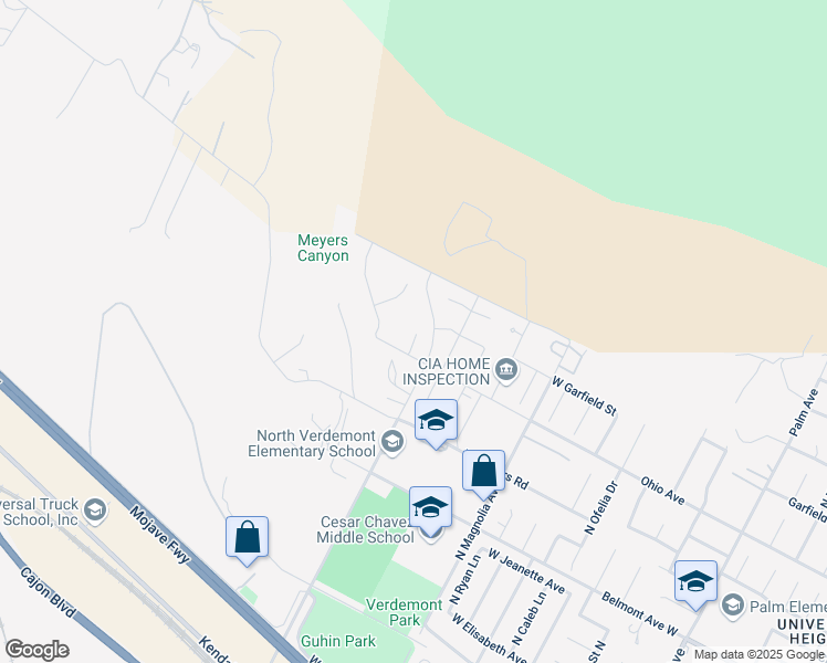 map of restaurants, bars, coffee shops, grocery stores, and more near Hurley Court in San Bernardino