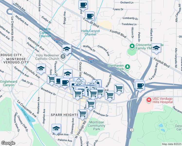map of restaurants, bars, coffee shops, grocery stores, and more near 2200 Del Mar Road in La Crescenta-Montrose