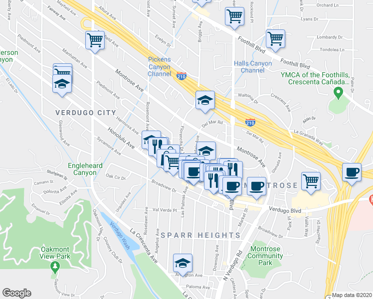 map of restaurants, bars, coffee shops, grocery stores, and more near 3921 Orangedale Avenue in La Crescenta-Montrose