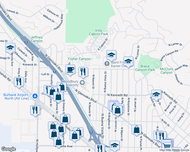 map of restaurants, bars, coffee shops, grocery stores, and more near 3123 North Naomi Street in Burbank