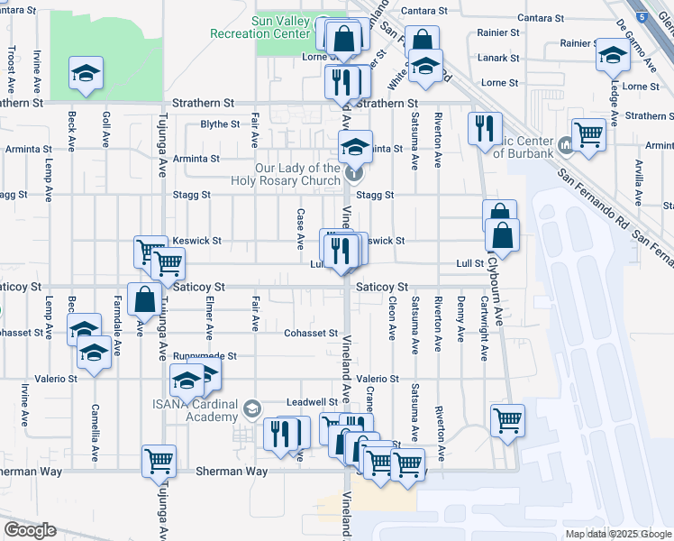 map of restaurants, bars, coffee shops, grocery stores, and more near 7617 Vineland Avenue in Los Angeles