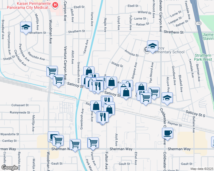 map of restaurants, bars, coffee shops, grocery stores, and more near 13265 Saticoy Street in Los Angeles