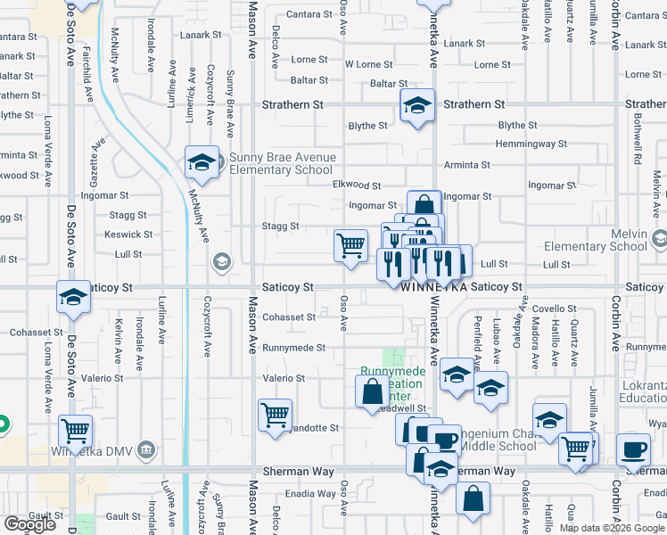 map of restaurants, bars, coffee shops, grocery stores, and more near 20327 Saticoy Street in Los Angeles