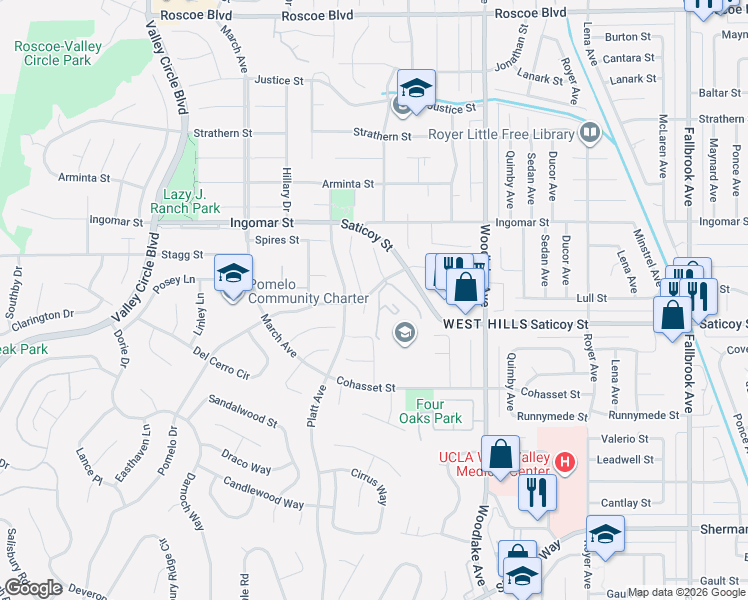 map of restaurants, bars, coffee shops, grocery stores, and more near 23350 Keswick Street in Los Angeles