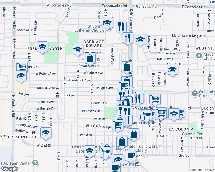 map of restaurants, bars, coffee shops, grocery stores, and more near 405 Douglas Avenue in Oxnard