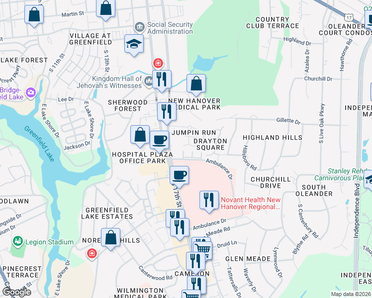 map of restaurants, bars, coffee shops, grocery stores, and more near 2006 Jumpin Run Drive in Wilmington