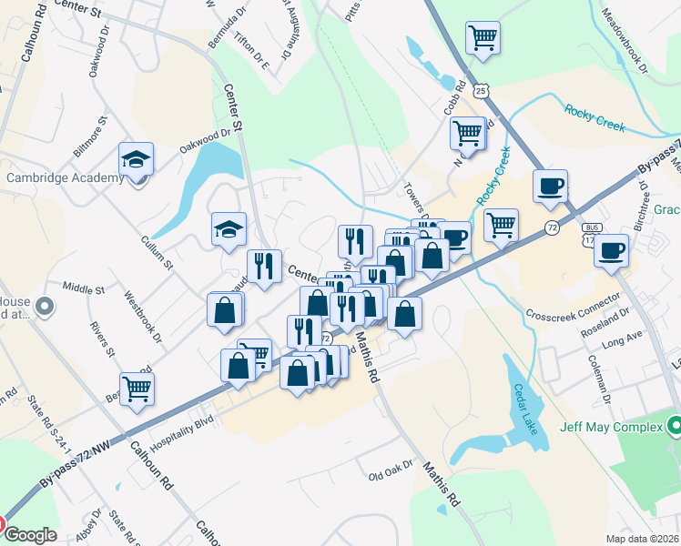 map of restaurants, bars, coffee shops, grocery stores, and more near 1225 Mathis Road in Greenwood