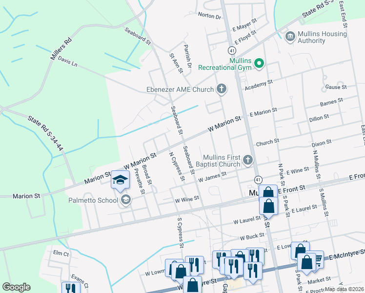 map of restaurants, bars, coffee shops, grocery stores, and more near 403 West Marion Street in Mullins