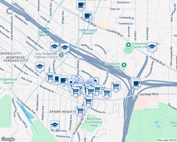 map of restaurants, bars, coffee shops, grocery stores, and more near 2223 Montrose Avenue in La Crescenta-Montrose