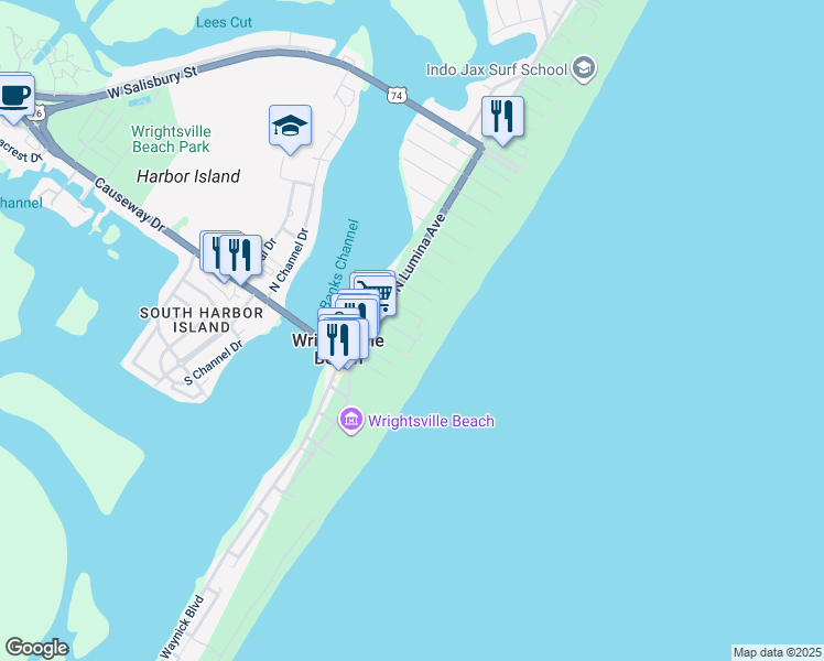 map of restaurants, bars, coffee shops, grocery stores, and more near 19 East Columbia Street in Wrightsville Beach