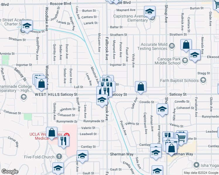map of restaurants, bars, coffee shops, grocery stores, and more near 7625 Maynard Avenue in Los Angeles