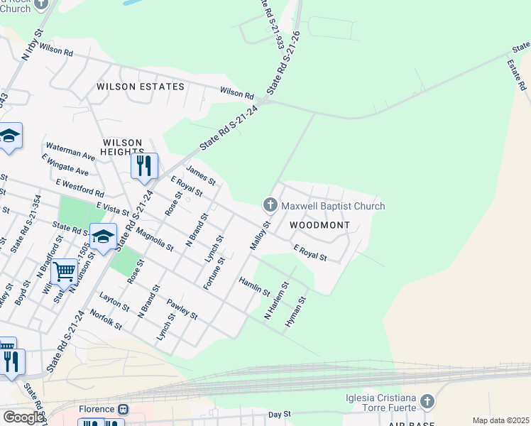 map of restaurants, bars, coffee shops, grocery stores, and more near 1309 Malloy Street in Florence