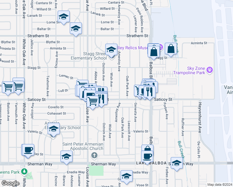 map of restaurants, bars, coffee shops, grocery stores, and more near 17106 Keswick Street in Los Angeles