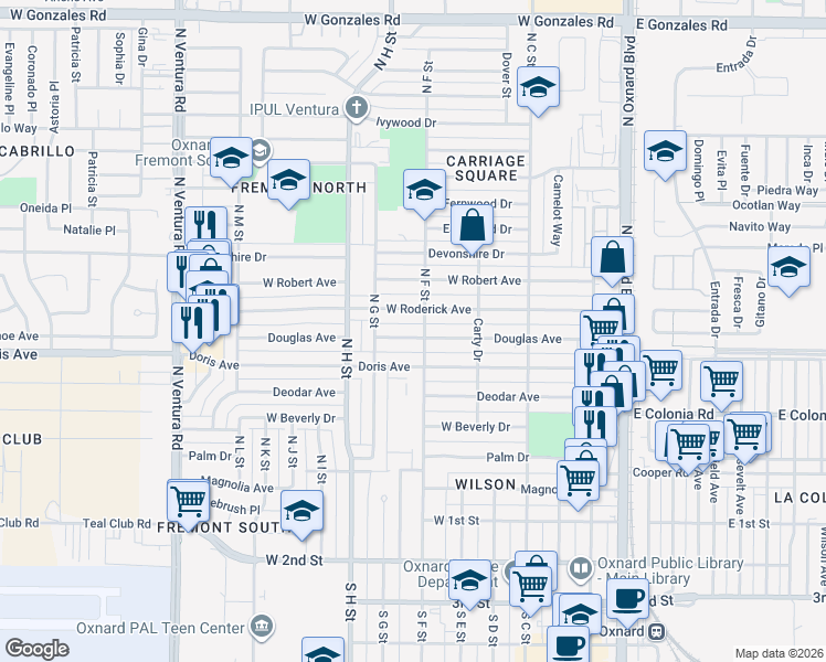 map of restaurants, bars, coffee shops, grocery stores, and more near 715 Douglas Avenue in Oxnard