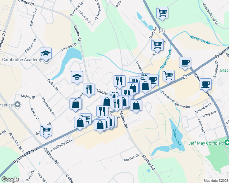 map of restaurants, bars, coffee shops, grocery stores, and more near 1225 Mathis Road in Greenwood