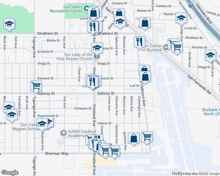 map of restaurants, bars, coffee shops, grocery stores, and more near 10860 Lull Street in Los Angeles