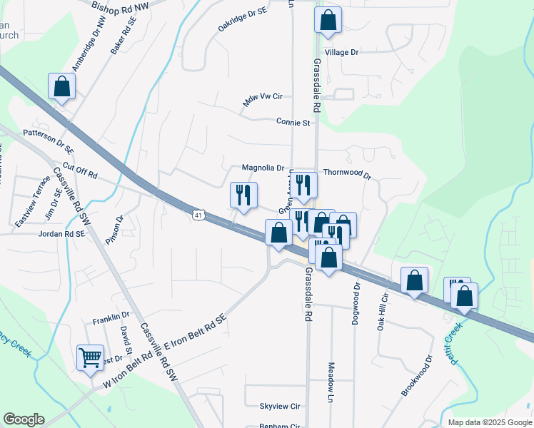 map of restaurants, bars, coffee shops, grocery stores, and more near 9 Green Acre Lane in Cartersville
