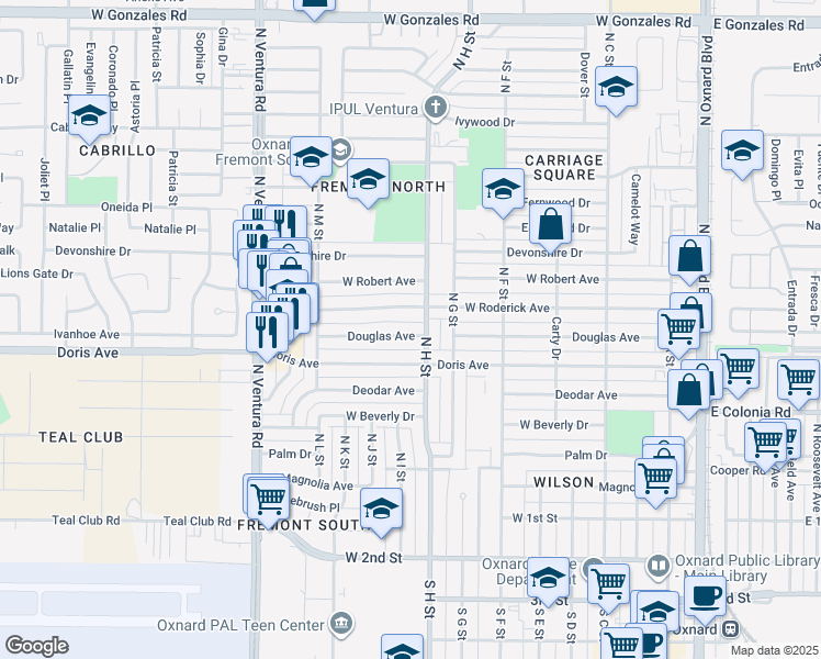map of restaurants, bars, coffee shops, grocery stores, and more near 921 Douglas Avenue in Oxnard