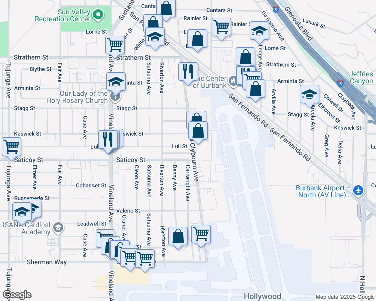 map of restaurants, bars, coffee shops, grocery stores, and more near 10700 Lull Street in Los Angeles