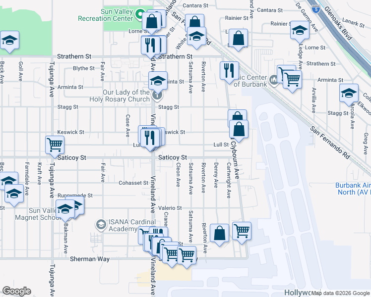 map of restaurants, bars, coffee shops, grocery stores, and more near 10860 Lull Street in Los Angeles