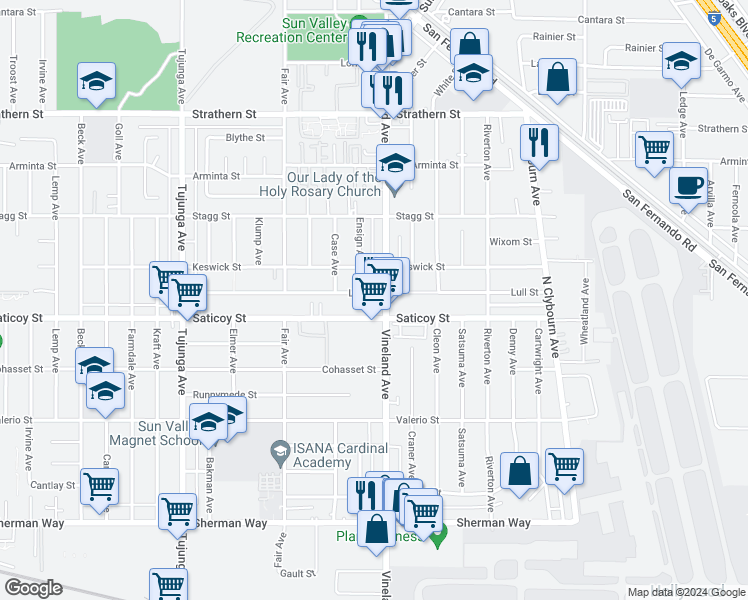 map of restaurants, bars, coffee shops, grocery stores, and more near 7623 Vineland Avenue in Los Angeles