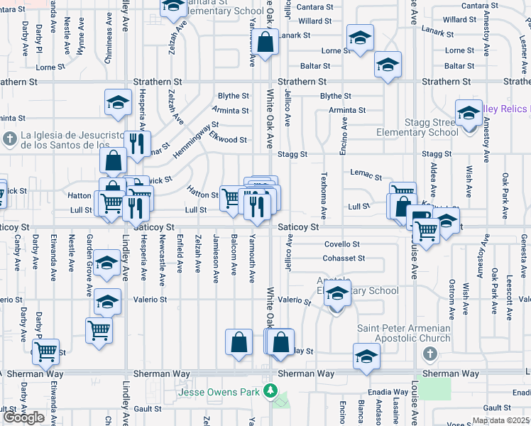 map of restaurants, bars, coffee shops, grocery stores, and more near 7619 White Oak Avenue in Los Angeles