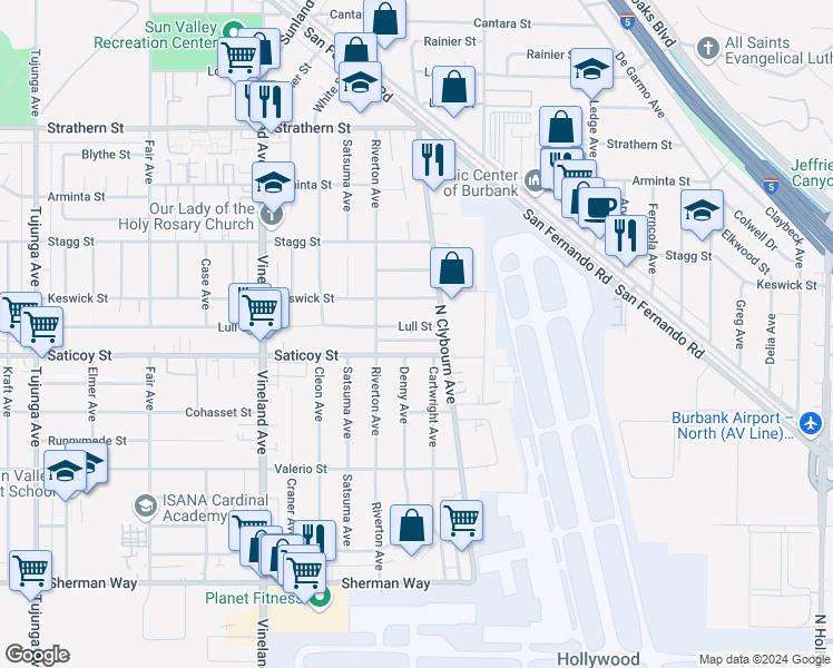 map of restaurants, bars, coffee shops, grocery stores, and more near 10724 Lull Street in Los Angeles
