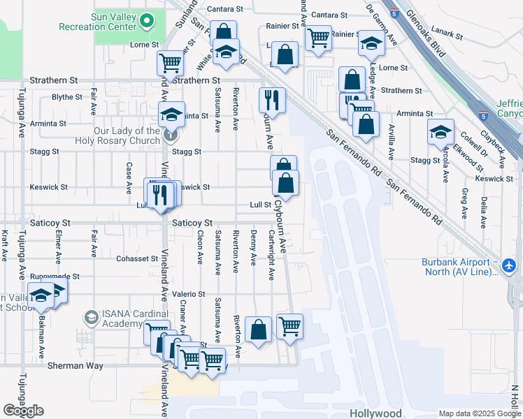 map of restaurants, bars, coffee shops, grocery stores, and more near 10724 Lull Street in Los Angeles