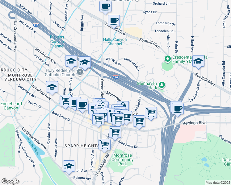 map of restaurants, bars, coffee shops, grocery stores, and more near 2223 Montrose Avenue in La Crescenta-Montrose
