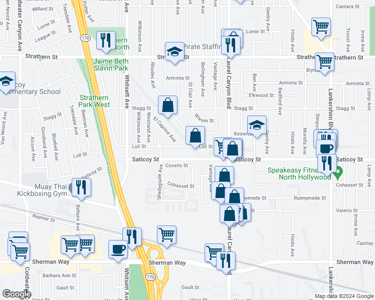 map of restaurants, bars, coffee shops, grocery stores, and more near 12242 Lull Street in Los Angeles
