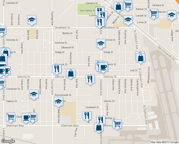map of restaurants, bars, coffee shops, grocery stores, and more near 11060 Lull St in Los Angeles