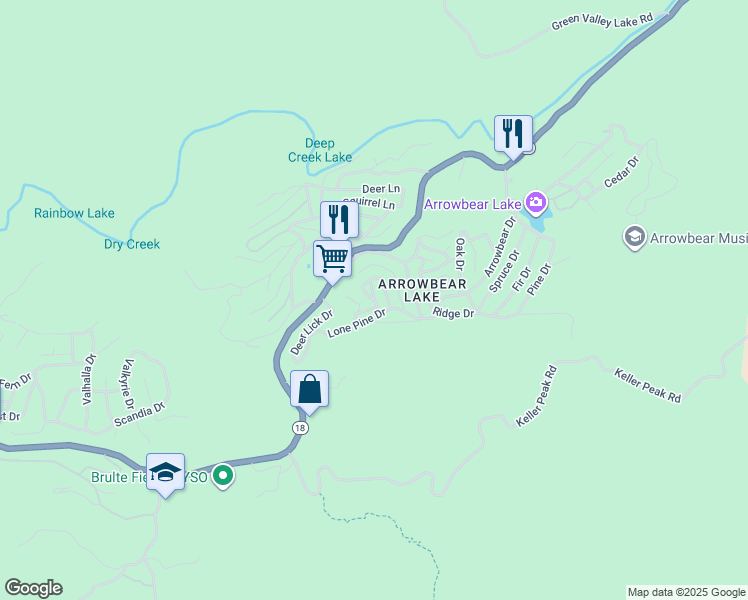 map of restaurants, bars, coffee shops, grocery stores, and more near Elko Drive in Running Springs