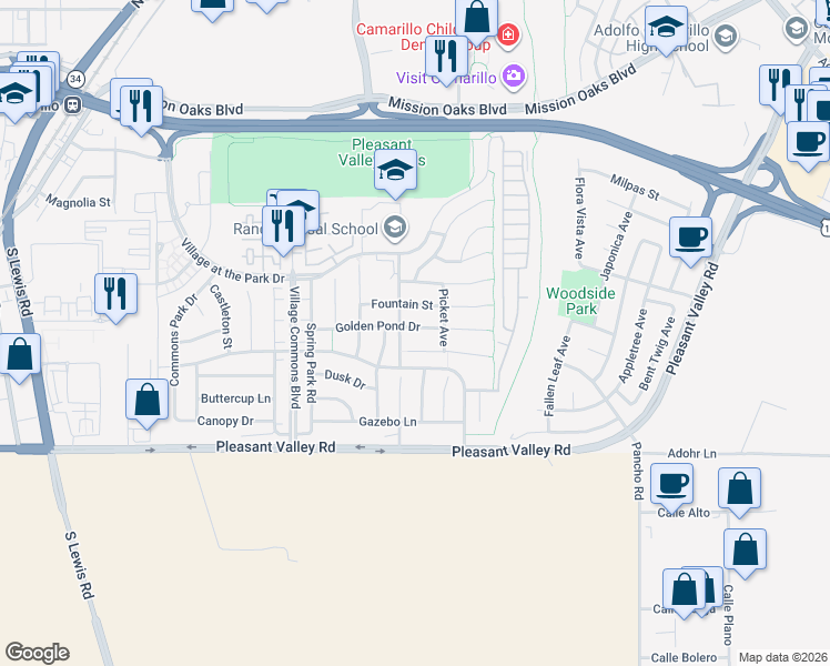 map of restaurants, bars, coffee shops, grocery stores, and more near 3730 Golden Pond Drive in Camarillo