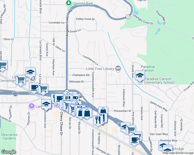 map of restaurants, bars, coffee shops, grocery stores, and more near 4918 Commonwealth Avenue in La Cañada Flintridge