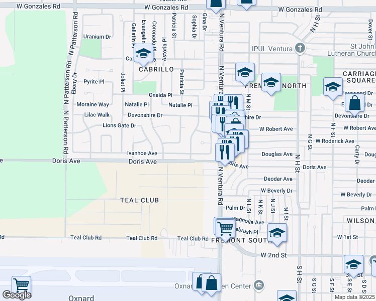 map of restaurants, bars, coffee shops, grocery stores, and more near 1821 Ivanhoe Avenue in Oxnard