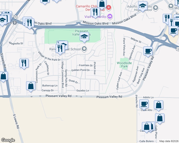 map of restaurants, bars, coffee shops, grocery stores, and more near 3730 Golden Pond Drive in Camarillo