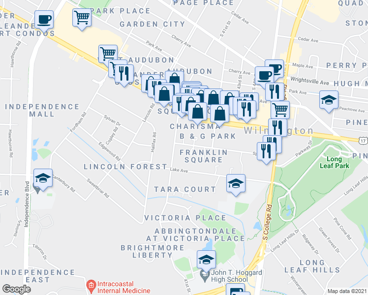 map of restaurants, bars, coffee shops, grocery stores, and more near 4108 Spirea Drive in Wilmington
