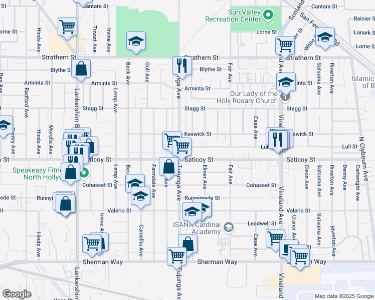 map of restaurants, bars, coffee shops, grocery stores, and more near 11344 Lull Street in Los Angeles