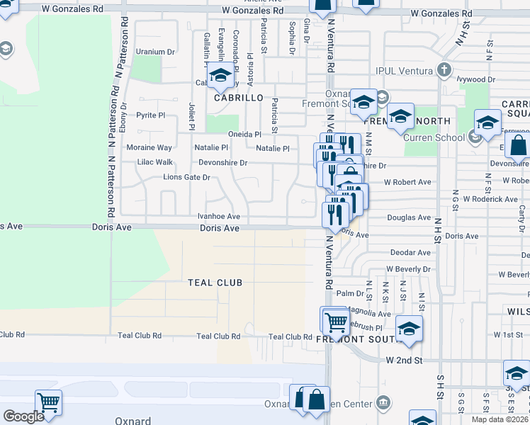 map of restaurants, bars, coffee shops, grocery stores, and more near 1901 Ivanhoe Avenue in Oxnard